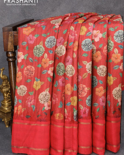 Pure tussar silk saree red and with allover floral prints and temple design zari woven border - {{ collection.title }} by Prashanti Sarees