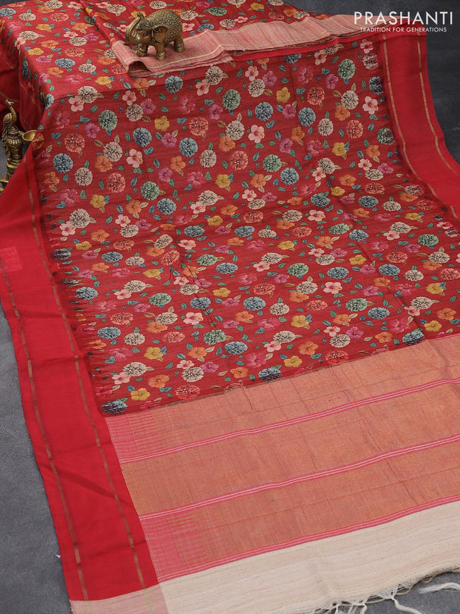 Pure tussar silk saree red and with allover floral prints and temple design zari woven border - {{ collection.title }} by Prashanti Sarees