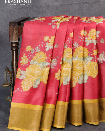 Pure tussar silk saree red and yellow with floral prints and zari woven border - {{ collection.title }} by Prashanti Sarees