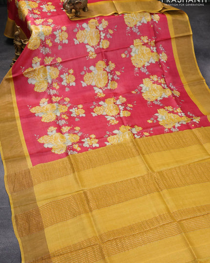 Pure tussar silk saree red and yellow with floral prints and zari woven border - {{ collection.title }} by Prashanti Sarees