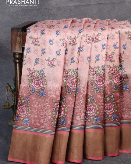 Pure tussar silk saree rosy brown and pink with allover floral prints and zari woven border - {{ collection.title }} by Prashanti Sarees