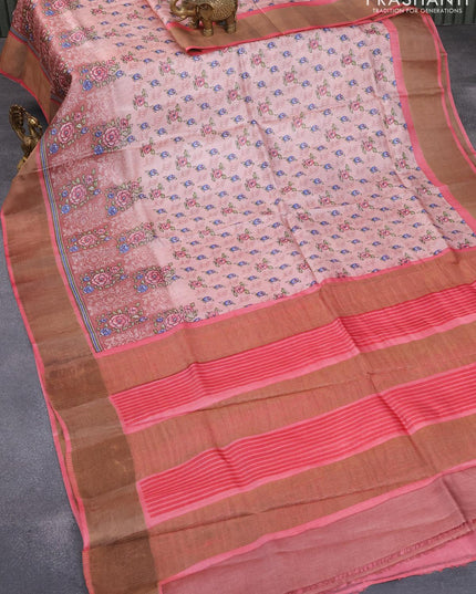 Pure tussar silk saree rosy brown and pink with allover floral prints and zari woven border - {{ collection.title }} by Prashanti Sarees