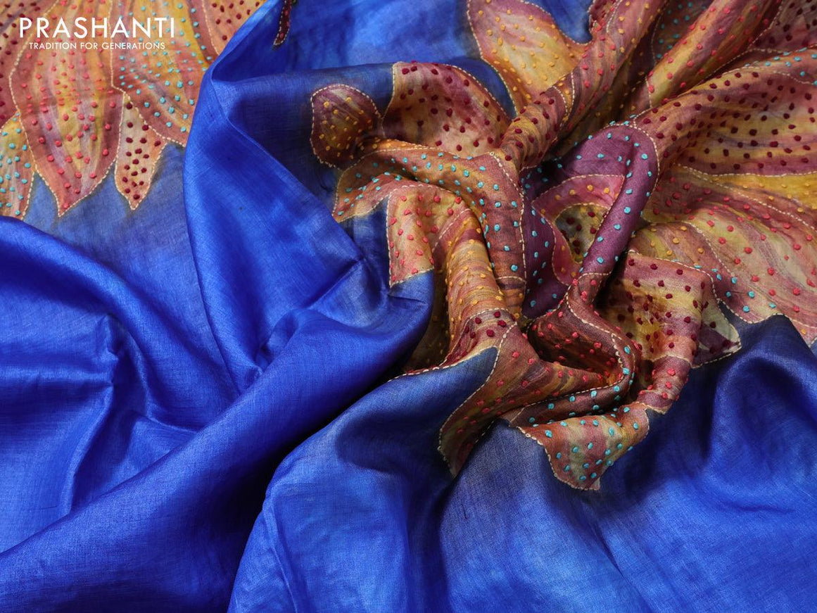 Pure tussar silk saree royal blue with plain body and floral prints & french knot work - {{ collection.title }} by Prashanti Sarees