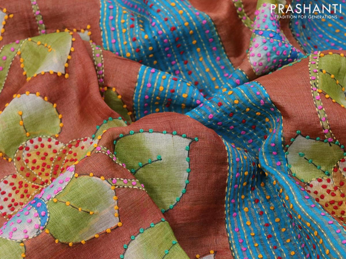 Pure tussar silk saree rust shade and blue with floral prints & french knot work and zari woven border - {{ collection.title }} by Prashanti Sarees