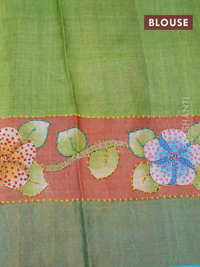 Pure tussar silk saree rust shade and blue with floral prints & french knot work and zari woven border - {{ collection.title }} by Prashanti Sarees