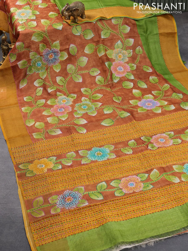 Pure tussar silk saree rust shade and mustard yellow with allover kalamkari prints & french knot work and zari woven border - {{ collection.title }} by Prashanti Sarees