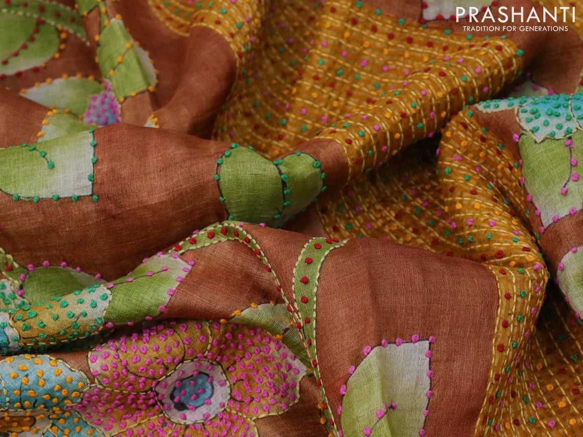 Pure tussar silk saree rust shade and mustard yellow with allover kalamkari prints & french knot work and zari woven border - {{ collection.title }} by Prashanti Sarees