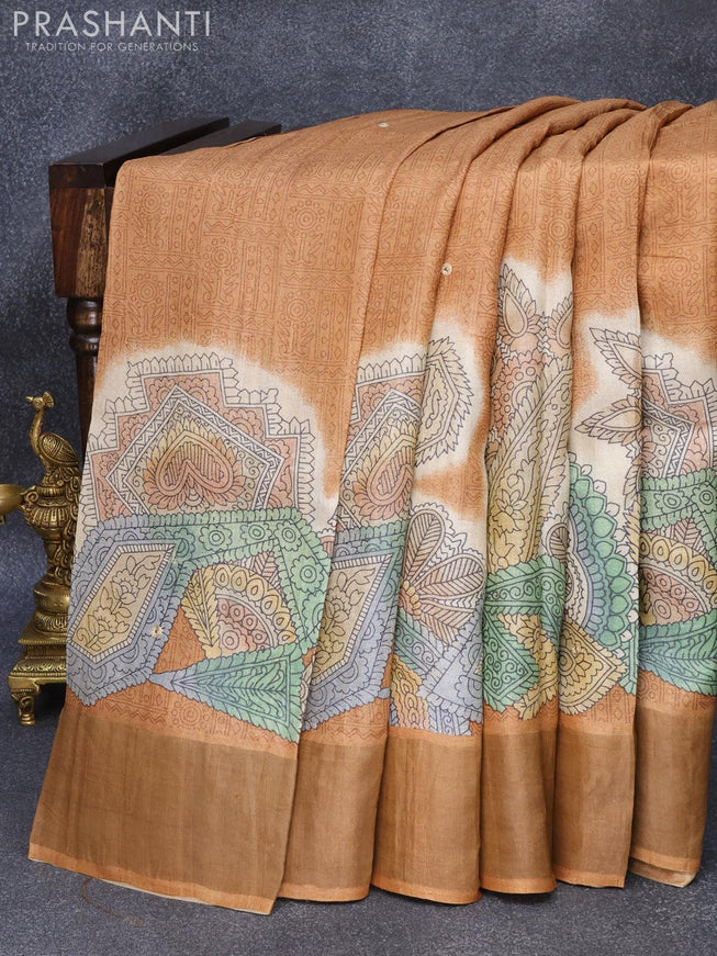 Pure tussar silk saree rust shade and off white with allover prints & mirror work and cut work pallu - {{ collection.title }} by Prashanti Sarees