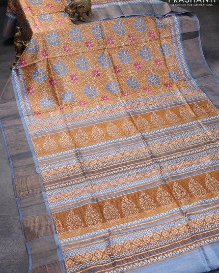 Pure tussar silk saree sandal and blue shade with floral prints and zari woven border - {{ collection.title }} by Prashanti Sarees