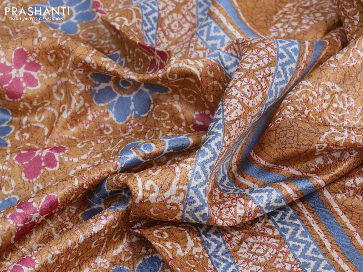 Pure tussar silk saree sandal and blue shade with floral prints and zari woven border - {{ collection.title }} by Prashanti Sarees