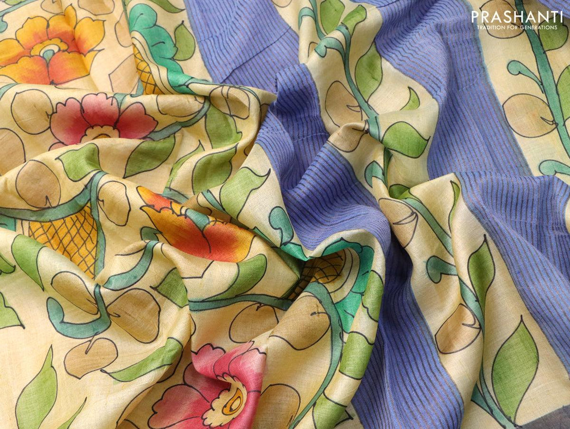 Pure tussar silk saree sandal and blue with allover hand painted kalamkari prints and zari woven border - {{ collection.title }} by Prashanti Sarees