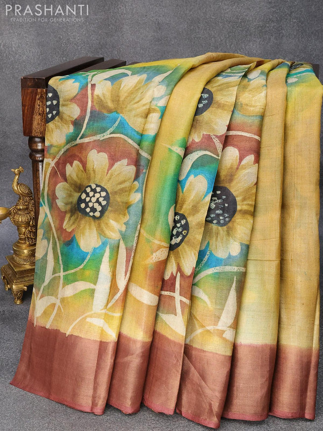 Pure tussar silk saree sandal and brown with hand painted floral prints and zari woven border - {{ collection.title }} by Prashanti Sarees