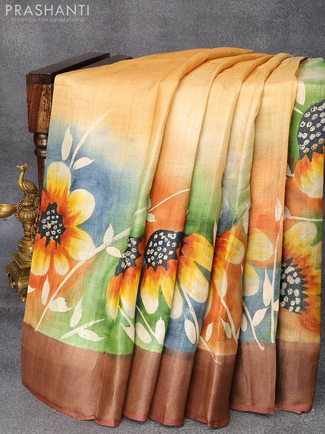 Pure tussar silk saree sandal and brown with hand painted floral prints and zari woven border - {{ collection.title }} by Prashanti Sarees