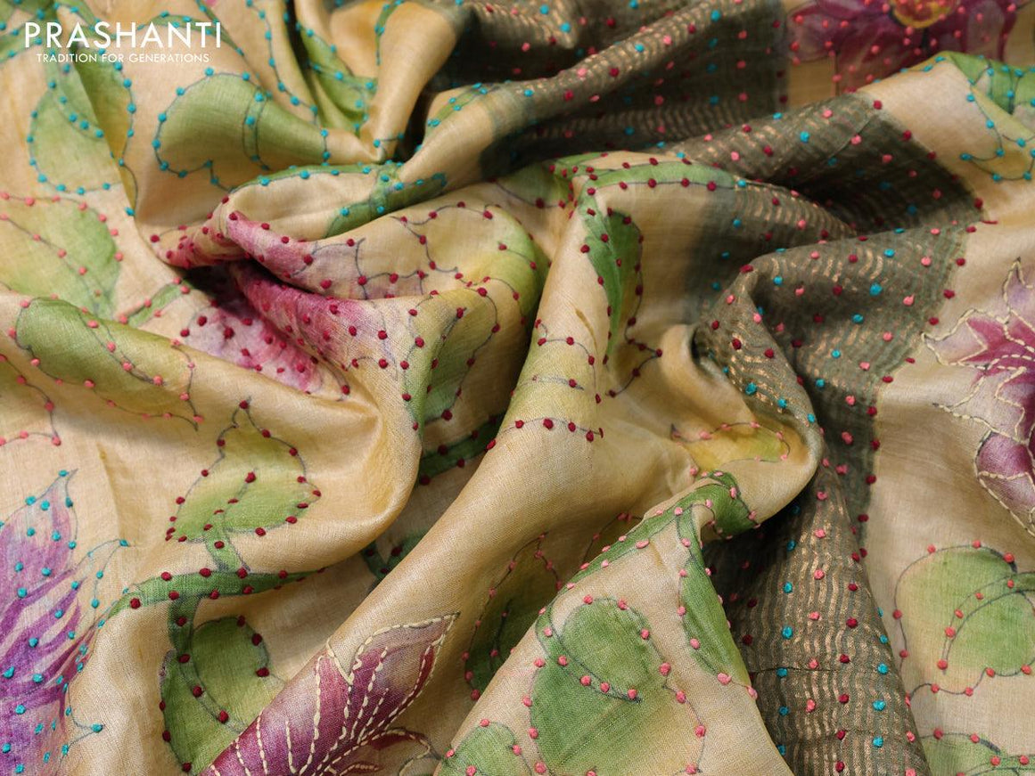 Pure tussar silk saree sandal and grey shade with allover kalamkari prints & french knot work and zari woven border - {{ collection.title }} by Prashanti Sarees