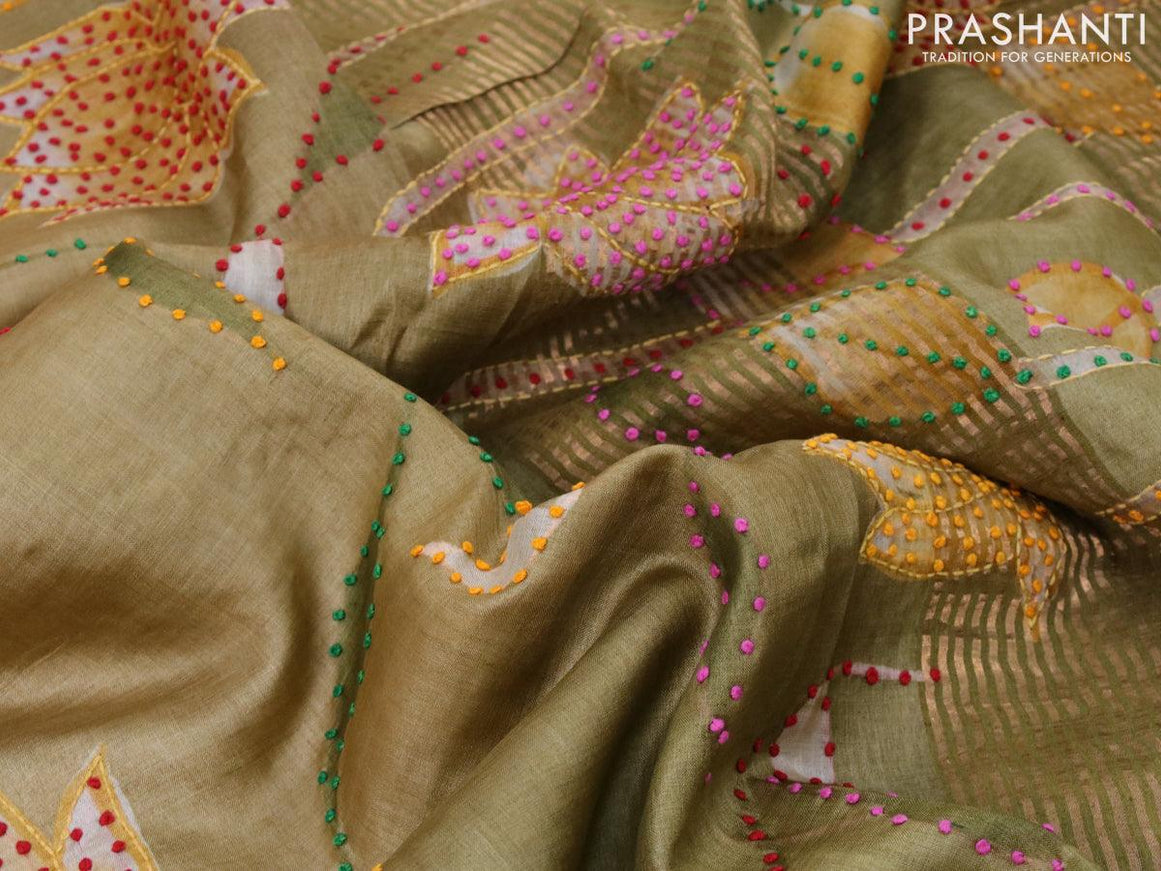 Pure tussar silk saree sandal and sap green with floral prints & french knot work and zari woven border - {{ collection.title }} by Prashanti Sarees