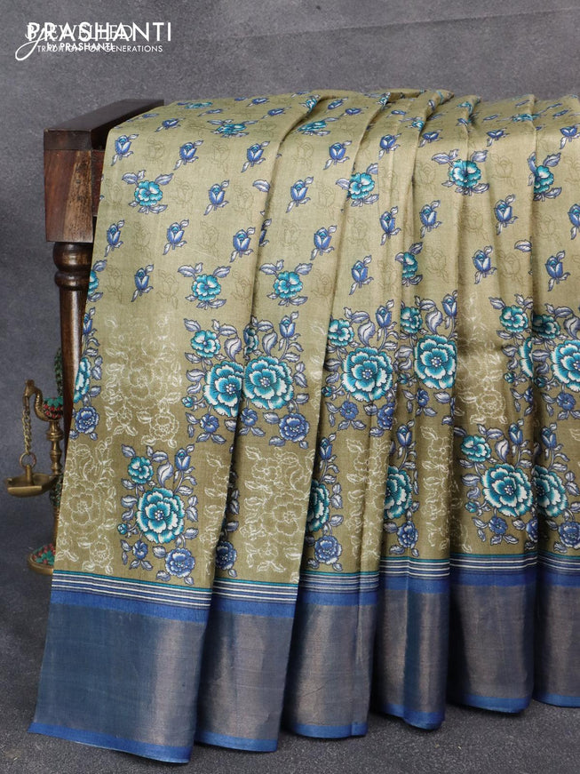 Pure tussar silk saree sap green and blue with allover floral prints and zari woven border - {{ collection.title }} by Prashanti Sarees
