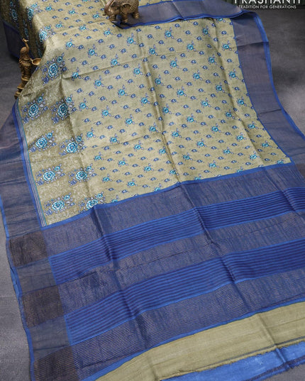 Pure tussar silk saree sap green and blue with allover floral prints and zari woven border - {{ collection.title }} by Prashanti Sarees