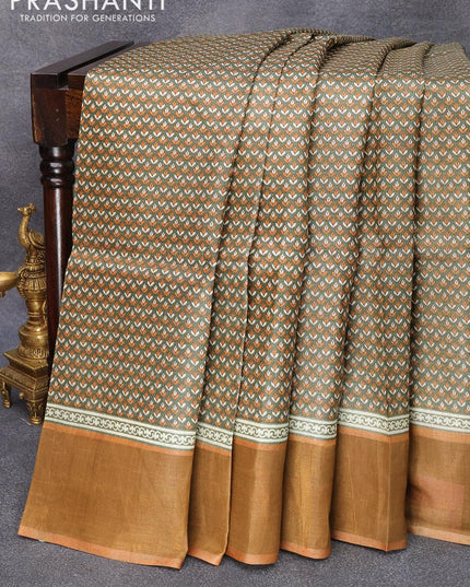 Pure tussar silk saree sap green and rust shade with allover floral prints and zari woven border - {{ collection.title }} by Prashanti Sarees