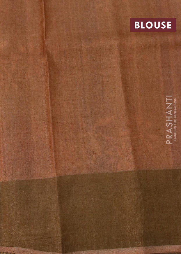 Pure tussar silk saree sap green and rust shade with allover floral prints and zari woven border - {{ collection.title }} by Prashanti Sarees