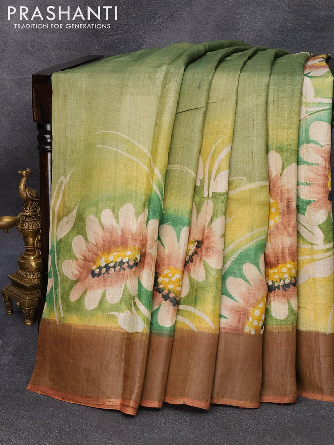 Pure tussar silk saree sap green and rust shade with hand painted floral prints and zari woven border - {{ collection.title }} by Prashanti Sarees