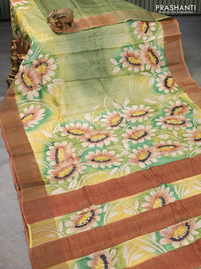 Pure tussar silk saree sap green and rust shade with hand painted floral prints and zari woven border - {{ collection.title }} by Prashanti Sarees