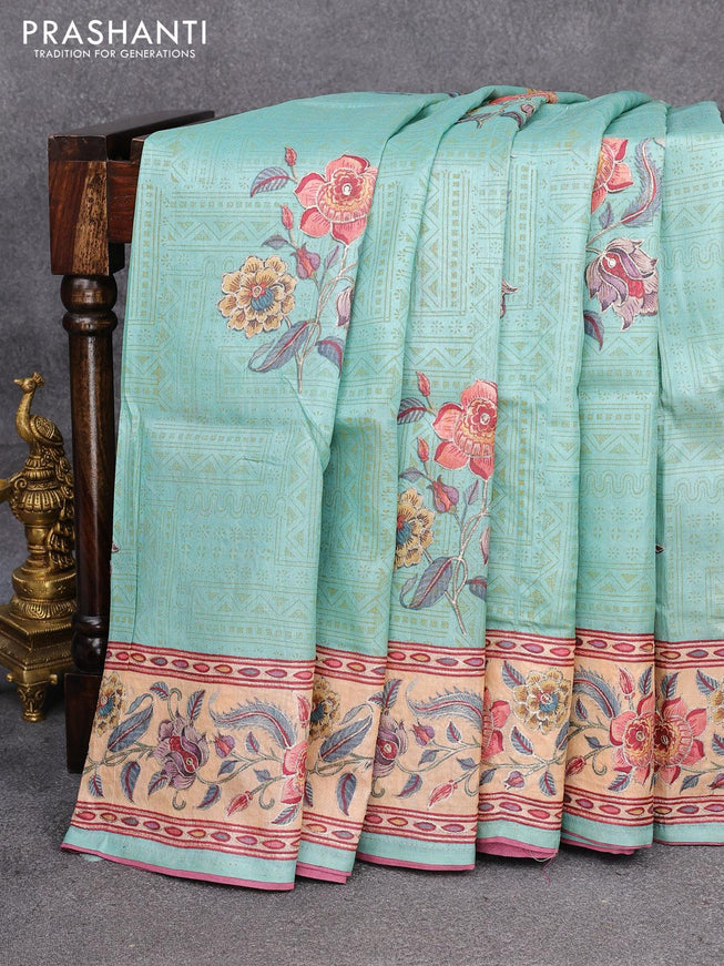 Pure tussar silk saree teal blue shade with allover prints & floral design embroidery work buttas and floral design embroidery work border - {{ collection.title }} by Prashanti Sarees