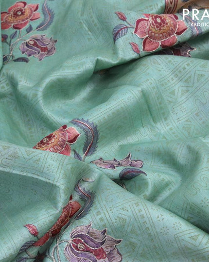 Pure tussar silk saree teal blue shade with allover prints & floral design embroidery work buttas and floral design embroidery work border - {{ collection.title }} by Prashanti Sarees