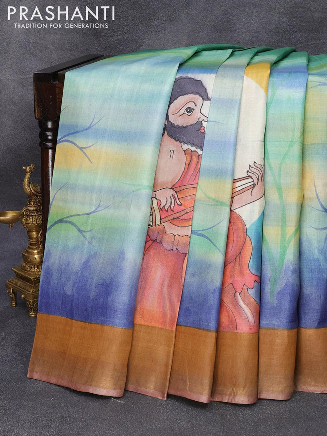 Pure tussar silk saree teal green and brown shade with hand painted prints and zari woven border - {{ collection.title }} by Prashanti Sarees