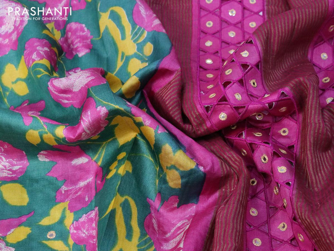 Pure tussar silk saree teal green and pink with allover floral prints & mirror work and cut work pallu - {{ collection.title }} by Prashanti Sarees