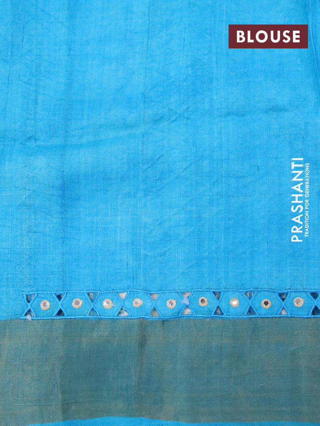 Pure tussar silk saree wine shade and blue with leaf prints & mirror work and cut work pallu - {{ collection.title }} by Prashanti Sarees