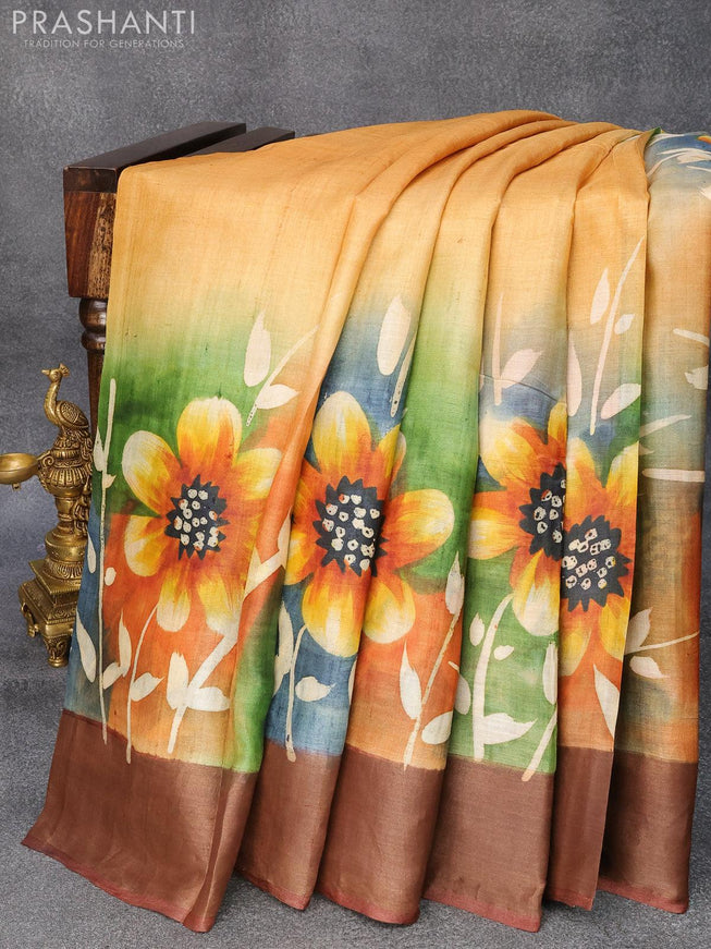 Pure tussar silk saree yellow and brown with hand painted floral prints and zari woven border - {{ collection.title }} by Prashanti Sarees