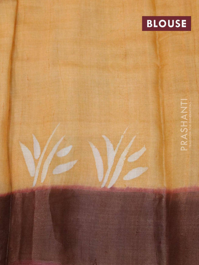 Pure tussar silk saree yellow and brown with hand painted floral prints and zari woven border - {{ collection.title }} by Prashanti Sarees