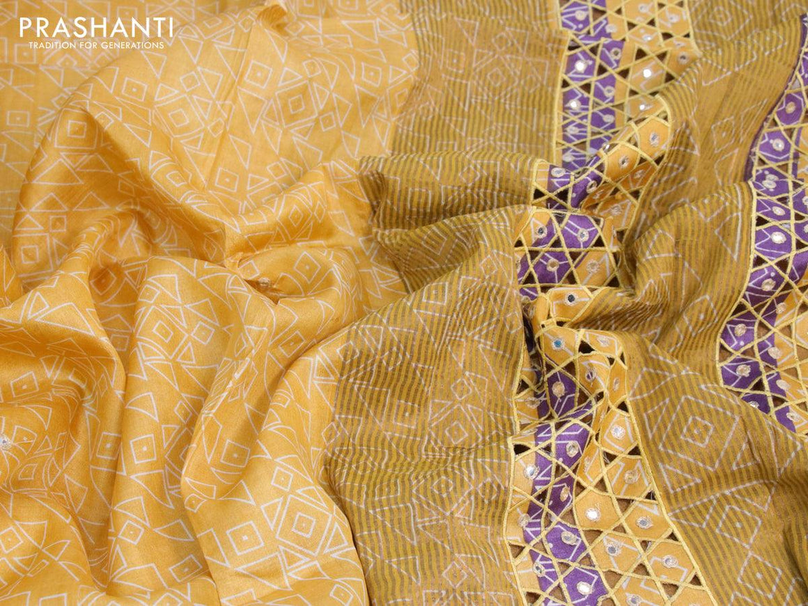 Pure tussar silk saree yellow and dark mustard with allover geometric prints & mirror work and cut work pallu - {{ collection.title }} by Prashanti Sarees