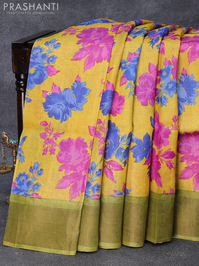 Pure tussar silk saree yellow and green with allover floral prints & mirror work and cut work pallu - {{ collection.title }} by Prashanti Sarees