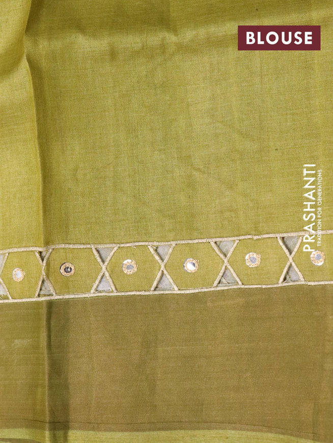 Pure tussar silk saree yellow and green with allover floral prints & mirror work and cut work pallu - {{ collection.title }} by Prashanti Sarees