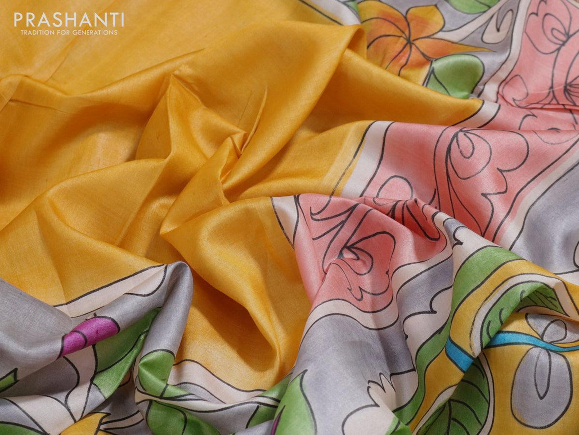 Pure tussar silk saree yellow and grey red with allover hand painted prints and zari woven border - {{ collection.title }} by Prashanti Sarees