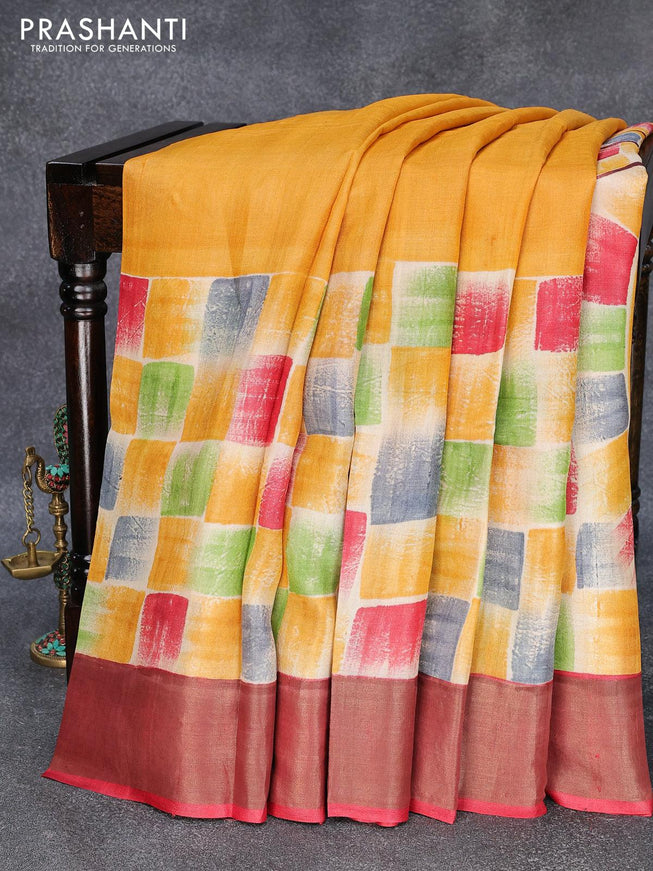 Pure tussar silk saree yellow and red with hand painted prints and zari woven border - {{ collection.title }} by Prashanti Sarees