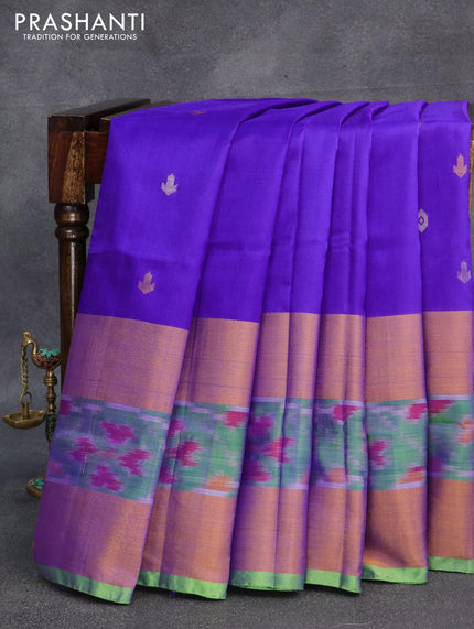 Pure uppada silk saree blue and light green with silver & gold zari woven buttas and long ikat woven zari border - {{ collection.title }} by Prashanti Sarees