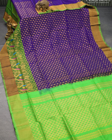 Pure uppada silk saree blue and light green with zari woven tilak buttas and peacock design zari woven border - {{ collection.title }} by Prashanti Sarees