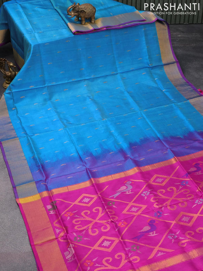 Pure uppada silk saree blue and pink with silver & gold zari woven paisley buttas and zari woven border - {{ collection.title }} by Prashanti Sarees