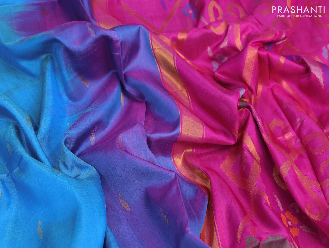 Pure uppada silk saree blue and pink with silver & gold zari woven paisley buttas and zari woven border - {{ collection.title }} by Prashanti Sarees
