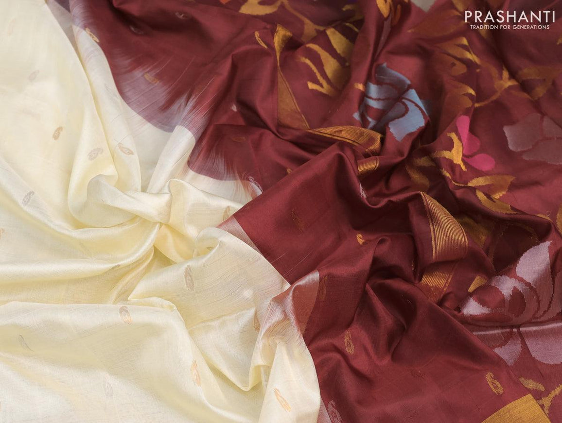 Pure uppada silk saree cream and maroon with silver & gold zari woven paisley buttas and zari woven border - {{ collection.title }} by Prashanti Sarees