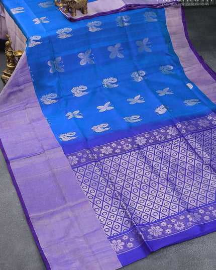 Pure uppada silk saree cs blue and blue with silver zari woven buttas and long silver zari woven border - {{ collection.title }} by Prashanti Sarees