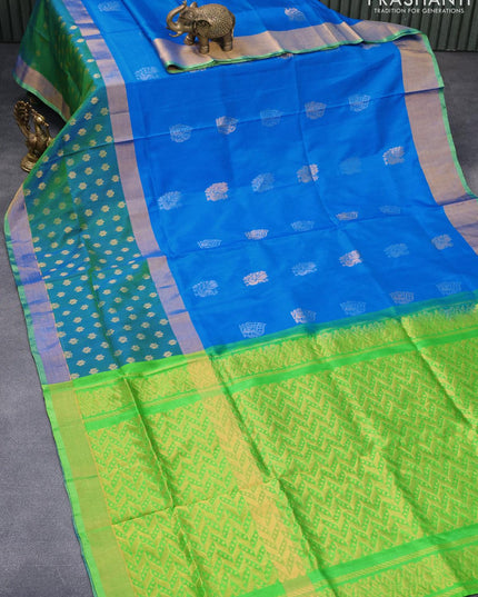 Pure uppada silk saree cs blue and light green with silver & gold zari woven buttas and zari woven butta border - {{ collection.title }} by Prashanti Sarees