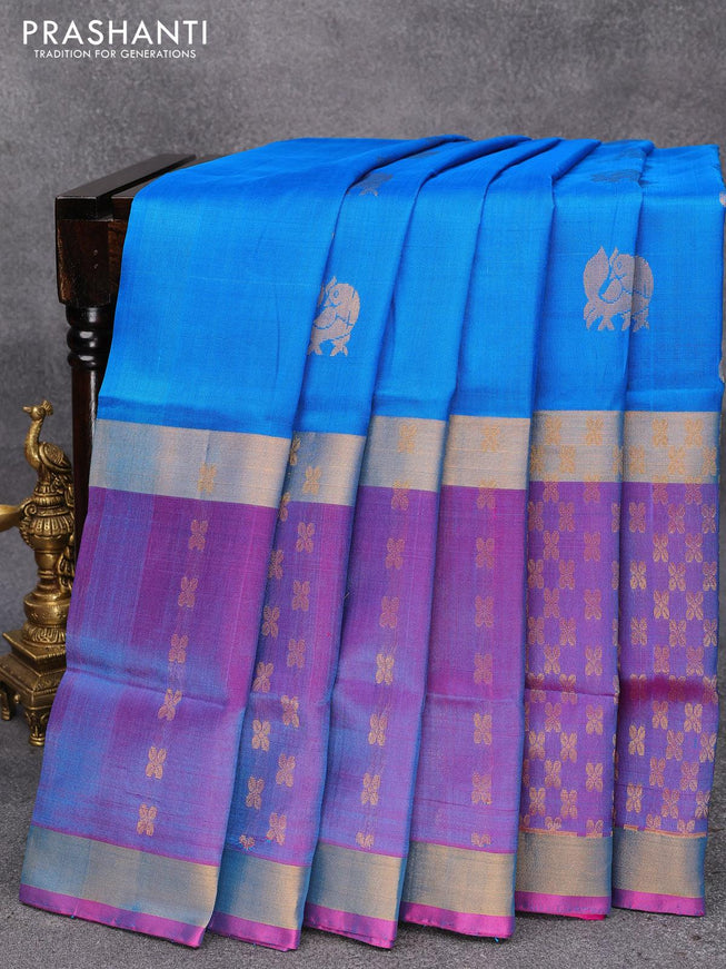 Pure uppada silk saree cs blue and pink with annam & floral zari woven buttas and long zari woven border - {{ collection.title }} by Prashanti Sarees