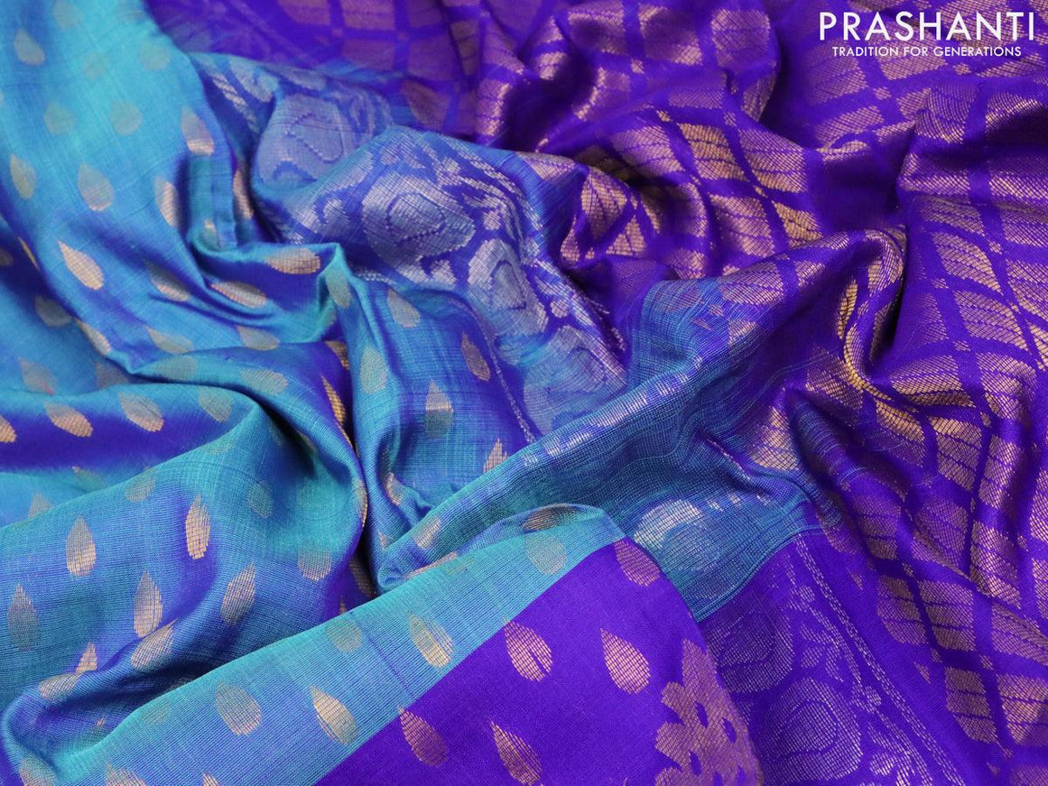 Pure uppada silk saree dual shade of blue and blue with allover zari woven tilak butta weaves and long peacock design zari woven border - {{ collection.title }} by Prashanti Sarees