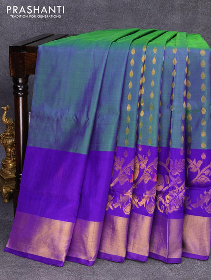Pure uppada silk saree dual shade of bluish green and blue with zari woven tilak buttas and peacock design zari woven border - {{ collection.title }} by Prashanti Sarees