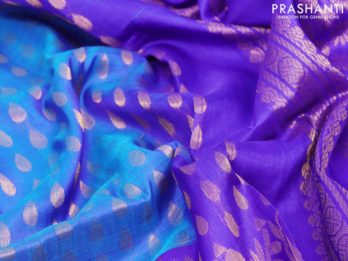 Pure uppada silk saree dual shade of cs blue and blue with allover zari woven tilak butta weaves and long peacock design zari woven border - {{ collection.title }} by Prashanti Sarees