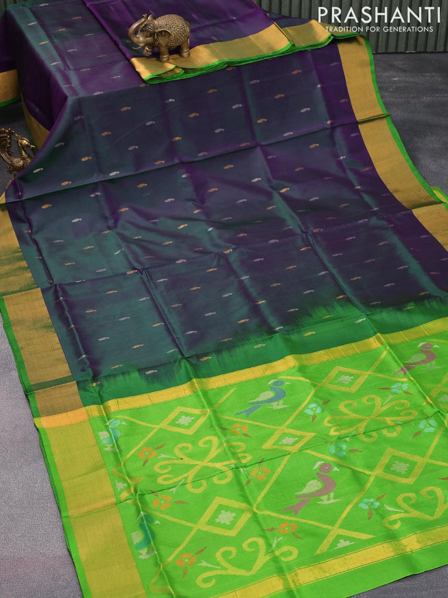 Pure uppada silk saree dual shade of greenish violet and green with silver & gold zari woven paisley buttas and zari woven border - {{ collection.title }} by Prashanti Sarees