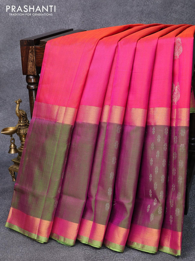 Pure uppada silk saree dual shade of pink and light green with silver zari woven annam buttas and zari woven border - {{ collection.title }} by Prashanti Sarees